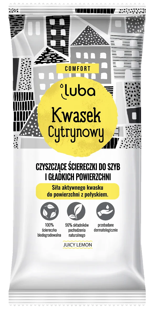Luba Comfort Kwasek cytrynowy nawilżane ściereczki do szyb i gładkich powierzchni, 24 sztuki