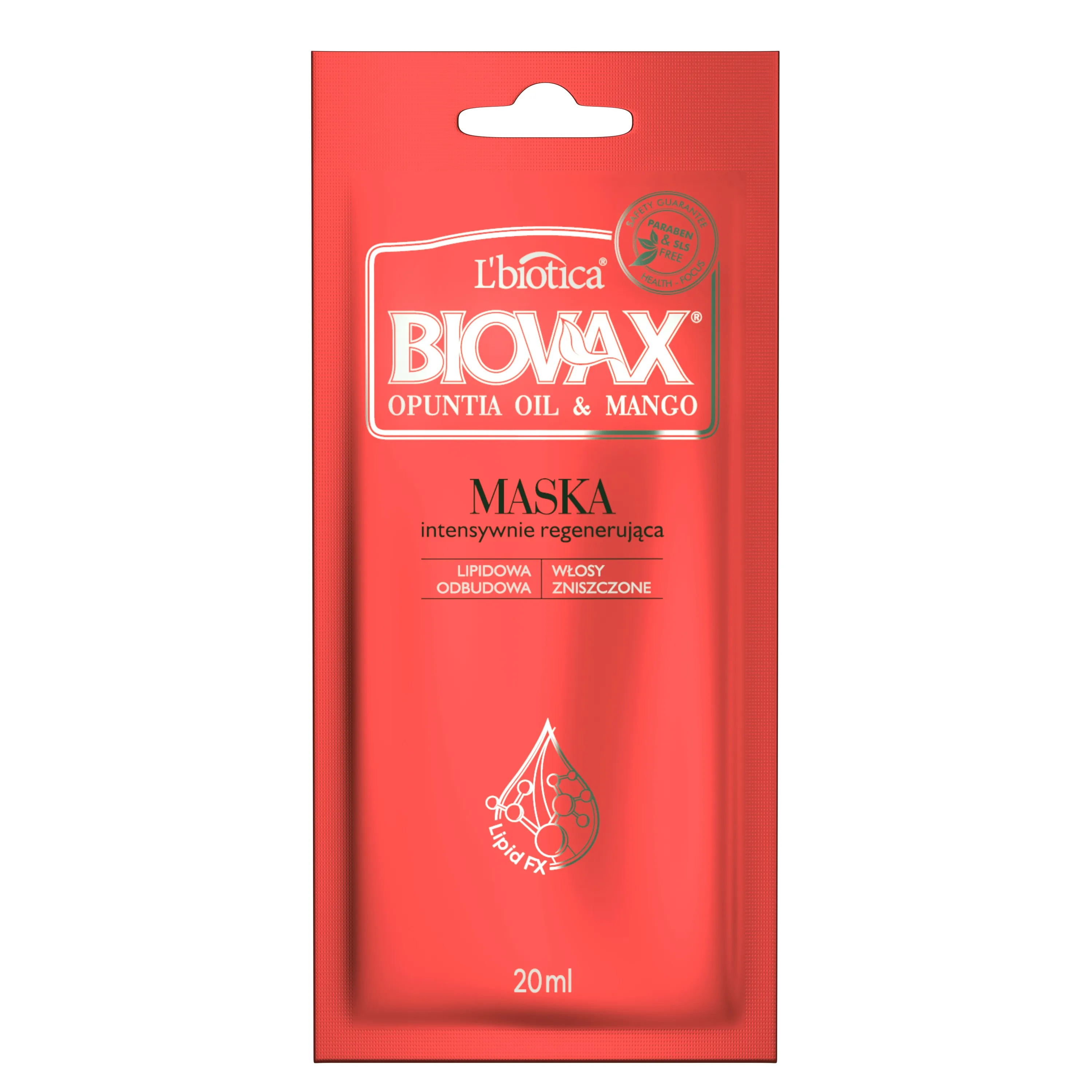 L'biotica Biovax Opuntia Oil&Mango, intensywnie regenerująca maseczka do włosów zniszczonych, 20 ml