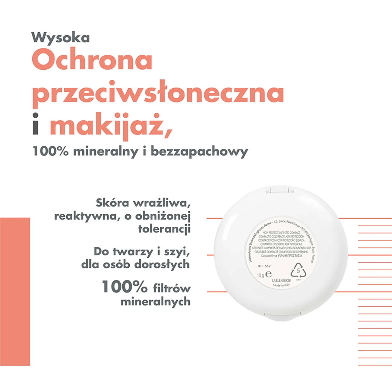 Avene, kompakt mineralny, piaskowy, SPF 50, 10 g podkład piaskowy SPF 50+, 10 g