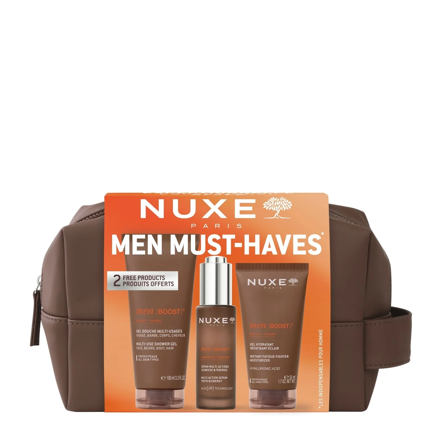 Nuxe Men Boost Zestaw serum, 30 ml + żel, 50 ml + żel pod prysznic, 100 ml + kosmetyczka