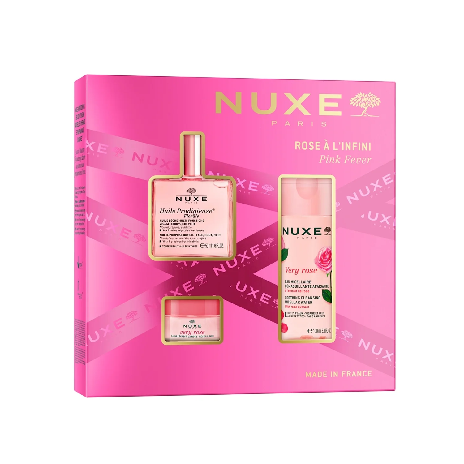 Nuxe zestaw Floral Icons Huile Prodigieuse® Florale, 50 ml + Very Rose łagodząca woda micelarna, 100 ml + Very Rose różany balsam do ust, 15 g