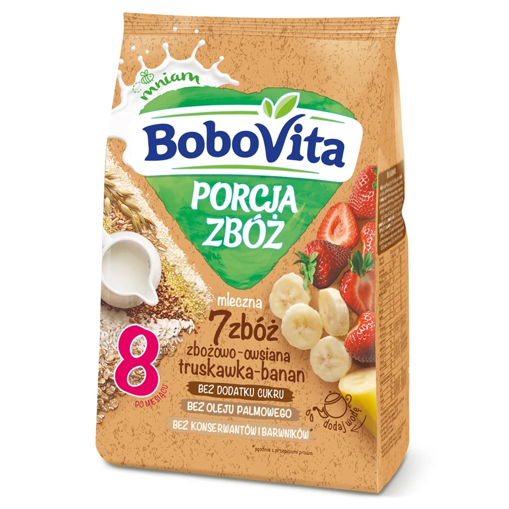 BoboVita Porcja Zbóż kaszka mleczna 7 zbóż zbożowo-owsiana truskawka-banan, po 8 m-cu 210g