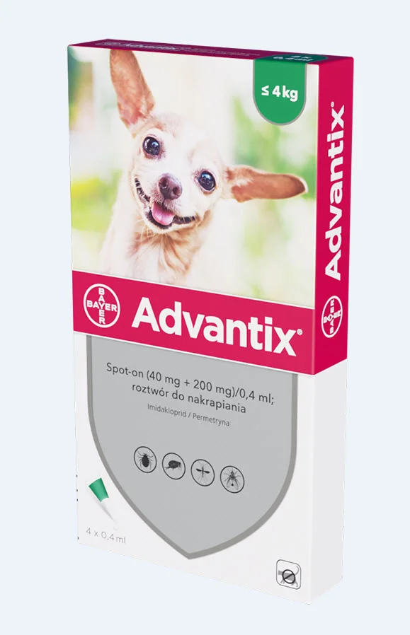 Advantix Spot-on Na Kleszcze i Pchły (40 mg + 200 mg)/0,4 ml; roztwór do nakrapiania dla psów do 4 kg, 4 × 0,4 ml