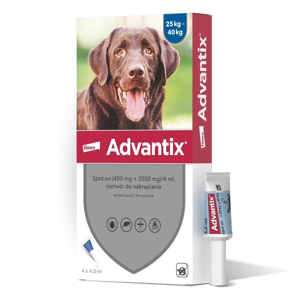 Advantix Spot-on Na Kleszcze i Pchły (400 mg + 2000 mg)/4 ml, roztwór do nakrapiania dla psów 25 - 40 kg, 4 x 4 ml