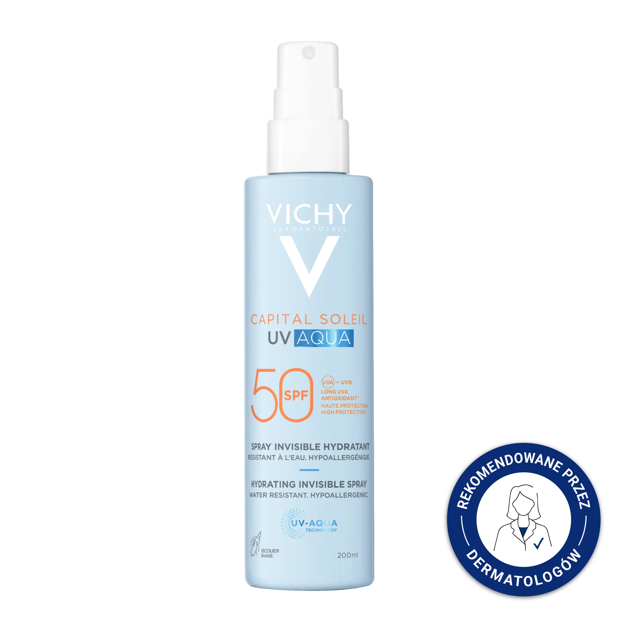 Vichy Capital Soleil UV-Aqua wodoodporny spray przeciwsłoneczny do ciała SPF 50, 200 ml