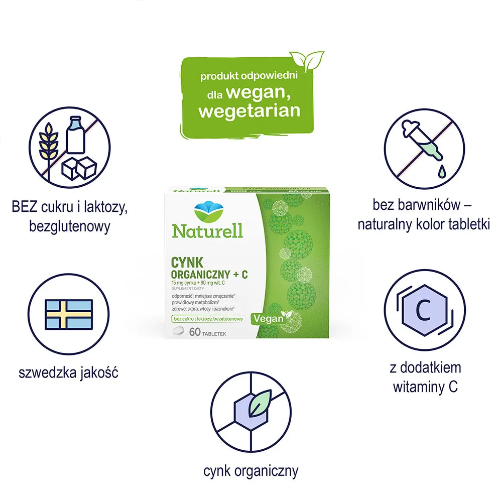 Naturell Cynk Organiczny + C, suplement diety, 60 tabletek + 40 tabletek gratis 