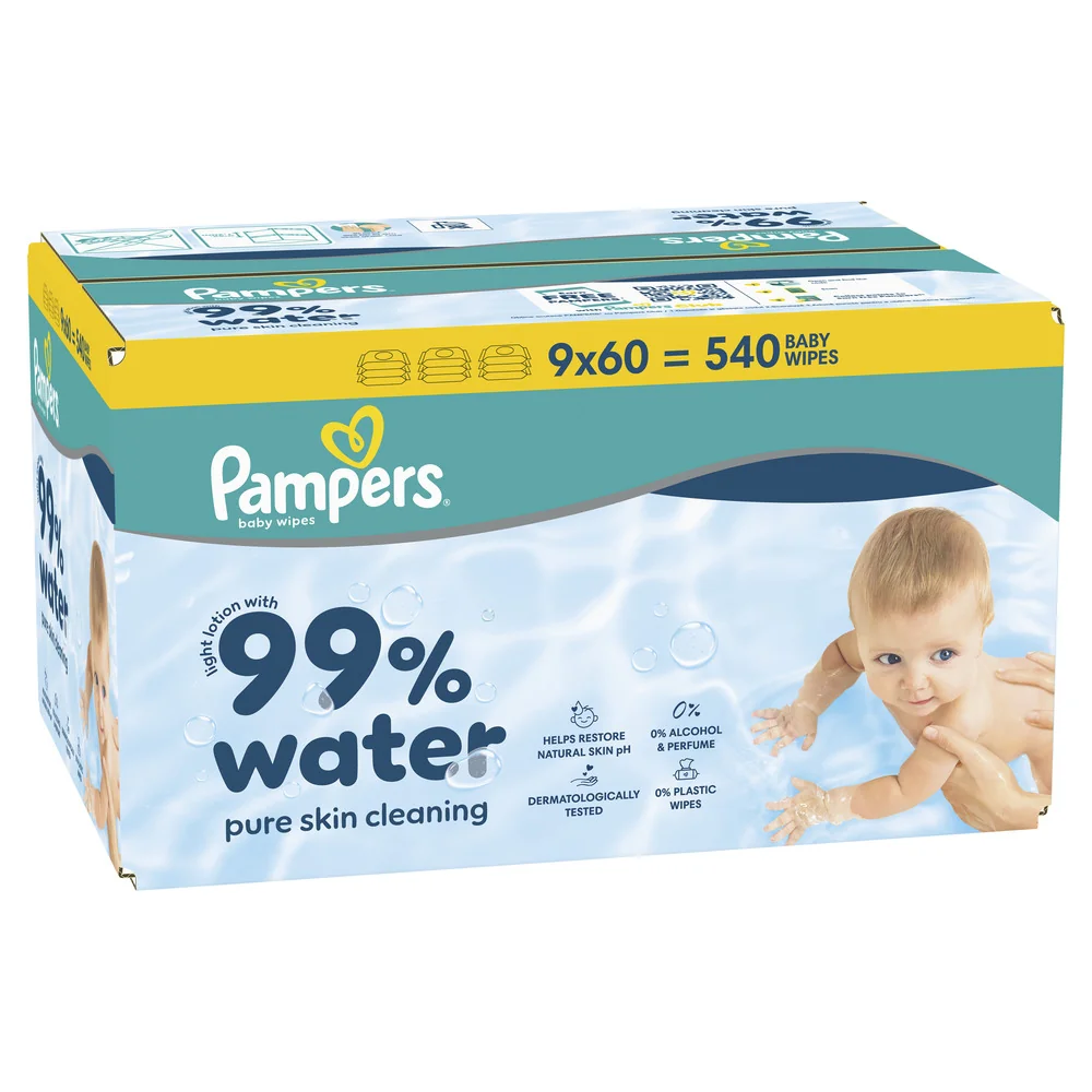 Pampers 99% Water chusteczki nawilżane dla dzieci, 9 x 60 sztuk