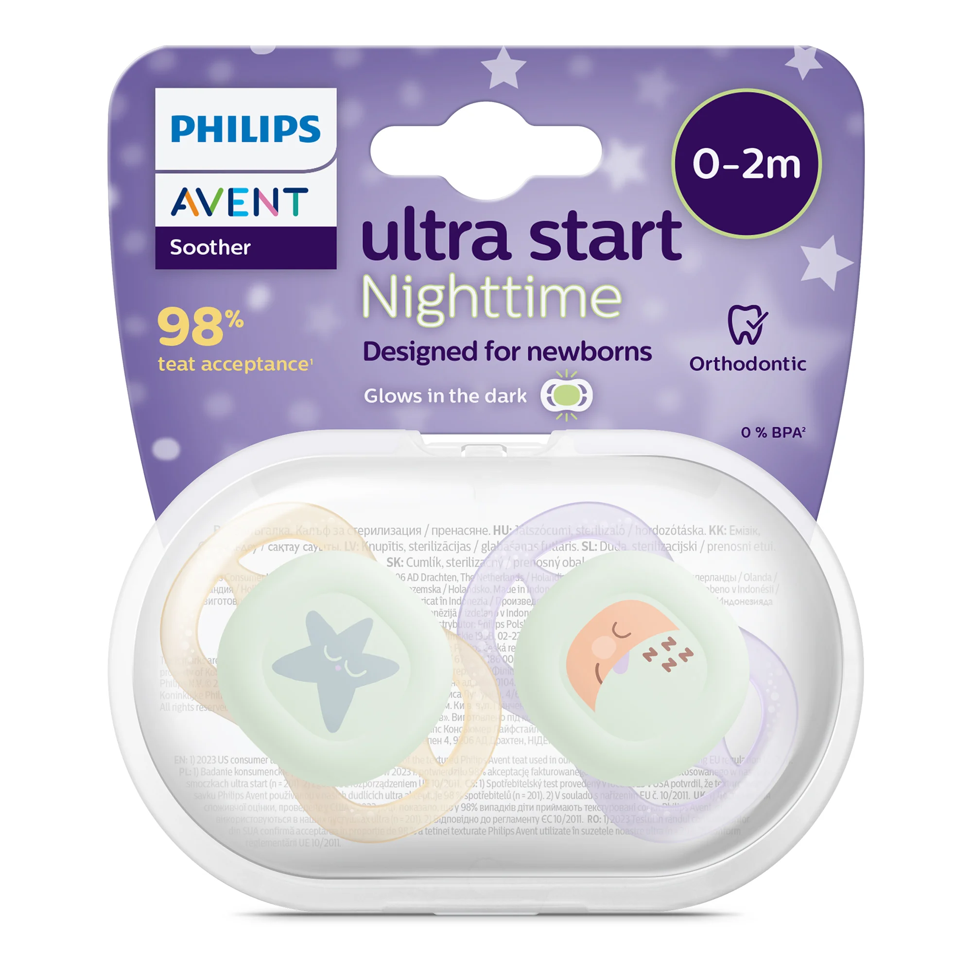 Philips Avent Ultra Start Nighttime świecący w ciemności ortodontyczny smoczek uspokajający 0-2 m, 2 sztuki
