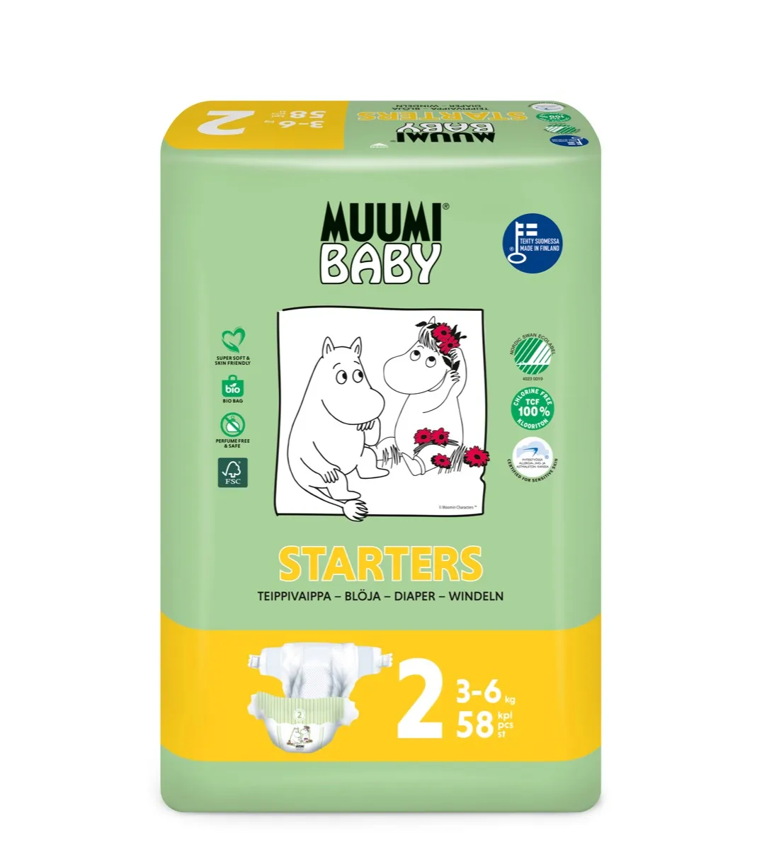 Muumi Baby Starters 2, Pieluszki Ekologiczne 3-6 KG, 58 szt.