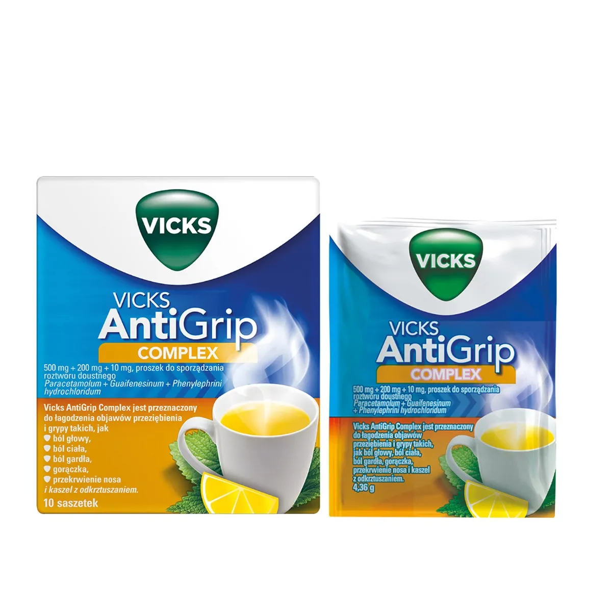 Vicks AntiGrip Complex 500 mg + 200 mg + 10 mg, proszek do sporządzania roztworu doustnego, 10 saszetek