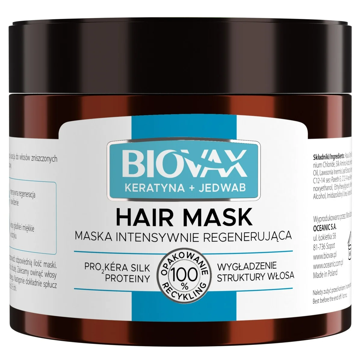L'biotica Biovax maska do włosów intensywnie regenerująca, keratyna + jedwab, 250 ml