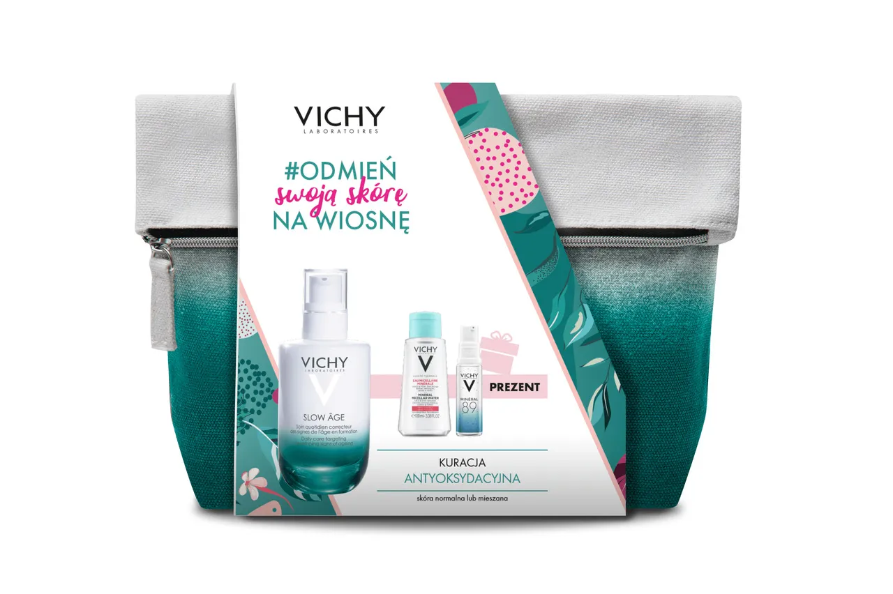 Vichy zestaw Slow Âge, antyoksydacyjny krem na dzień dla skóry normalnej i mieszanej, SPF25 50 ml, +  Pureté Thermale, mineralny płyn micelarny dla skóry wrażliwej, 100 ml + Minéral 89, booster wzmacniająco-nawilżający z kwasem hialuronowym, 10 ml