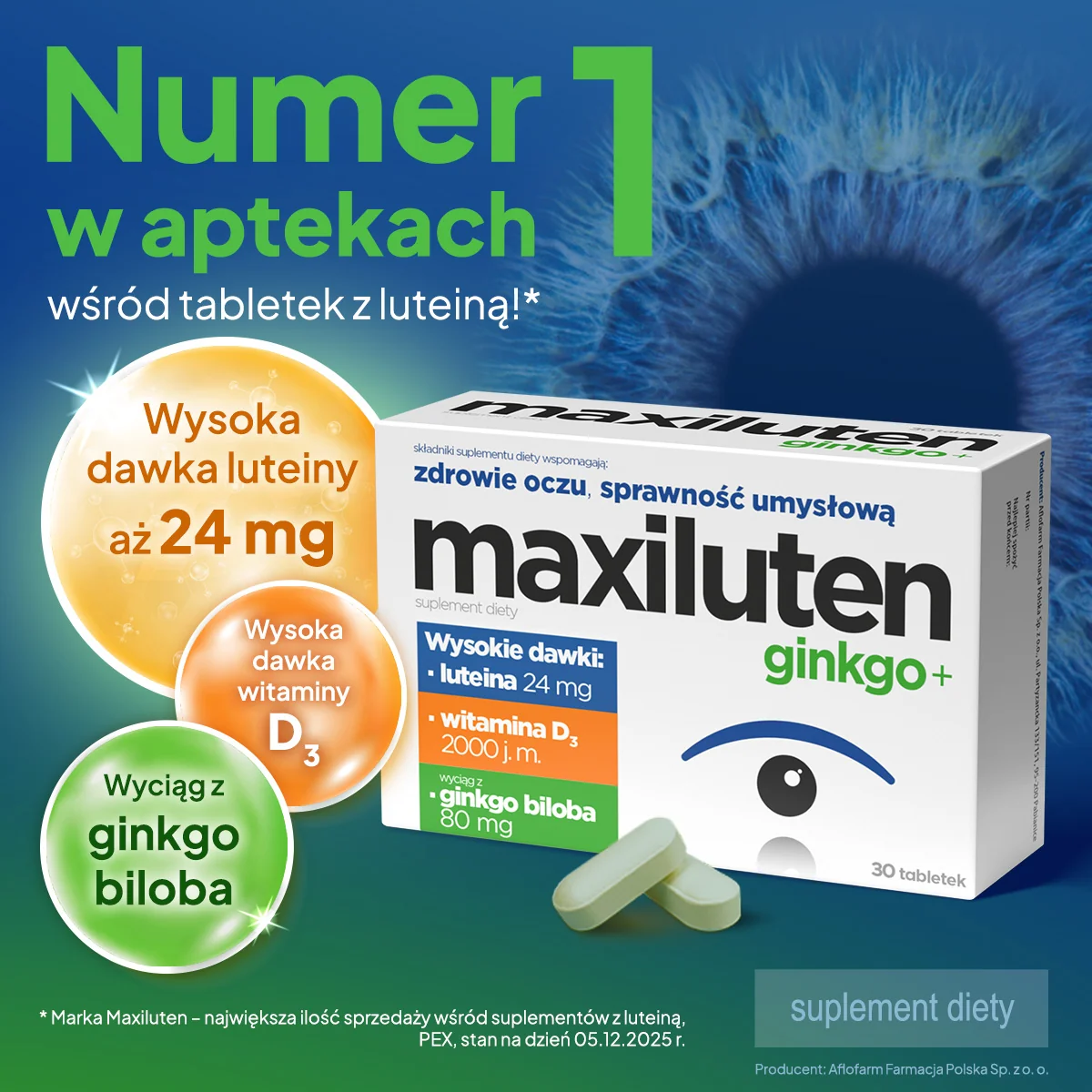 Maxiluten ginkgo+ suplement diety, 30 tabletek