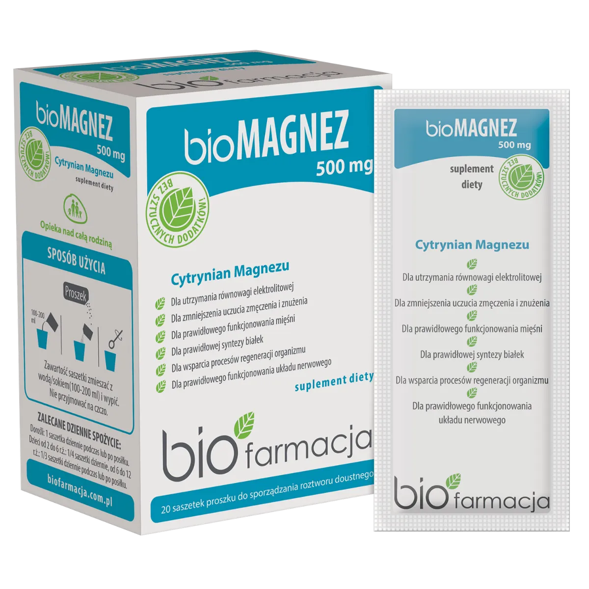 Biofarmacja bioMAGNEZ 500 naturalny magnez do picia 500 mg, 20 saszetek