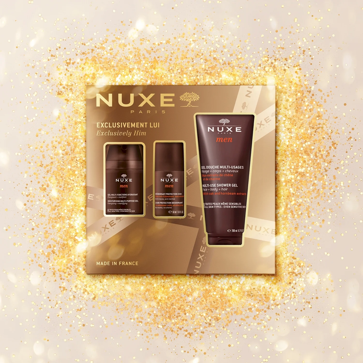 Nuxe zestaw Men’s Essentials Nuxe Men żel nawilżający, 50 ml + Nuxe Men dezodorant roll-on, 50 ml + Nuxe Men żel pod prysznic, 200 ml