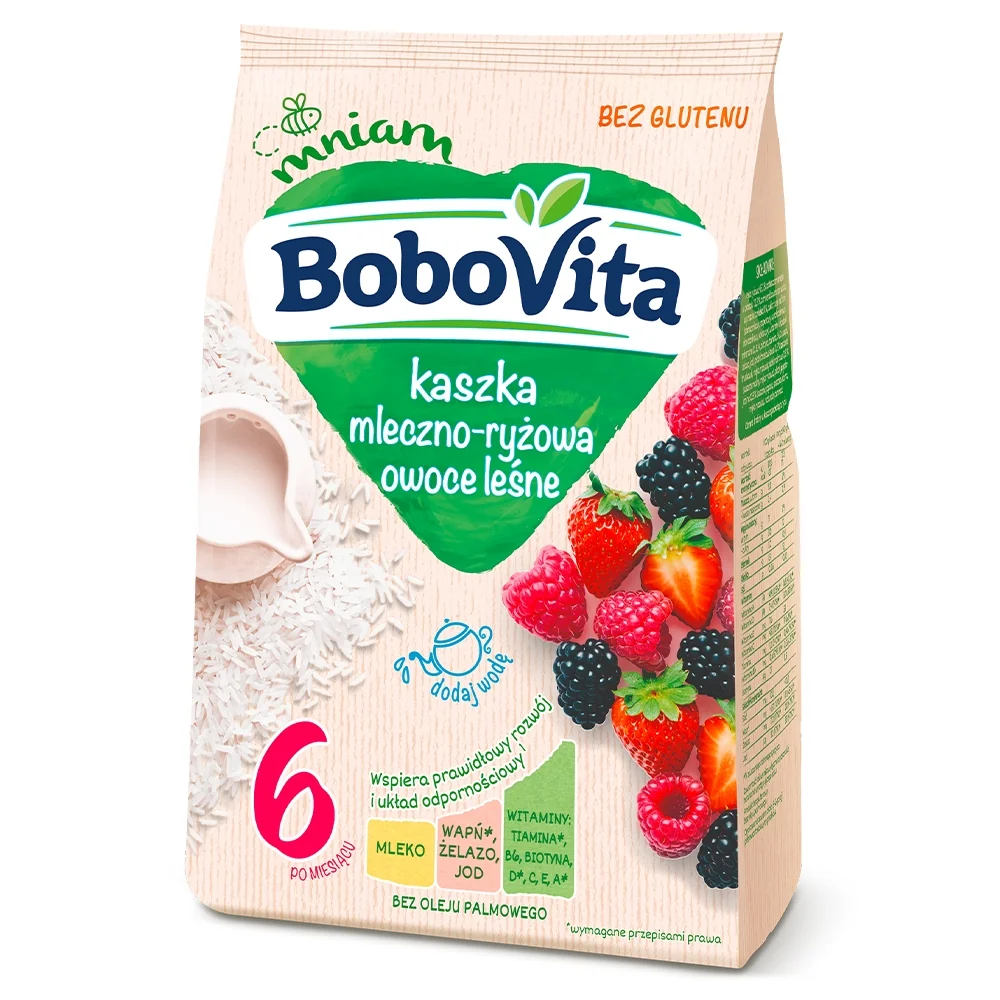 BoboVita kaszka mleczno-ryżowa z owocami leśnymi dla niemowląt powyżej 6 miesiąca, 230 g