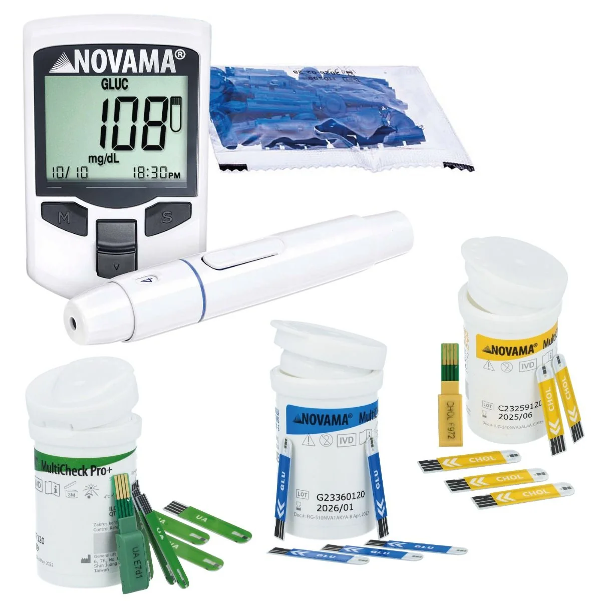 NOVAMA MULTICHECK PRO+ Wielofunkcyjne urządzenie pomiarowe do pomiaru glukozy, cholesterolu i kwasu moczowego