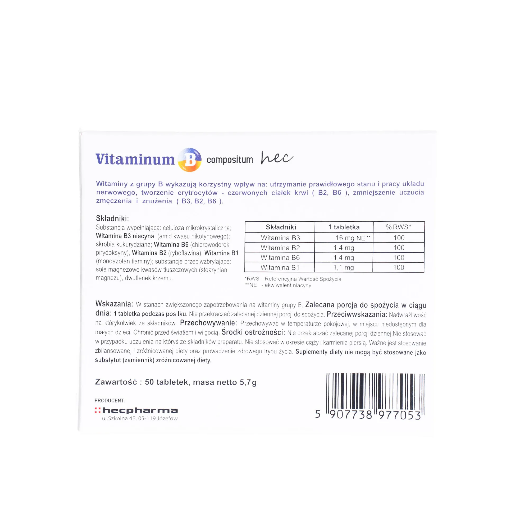 Vitaminum Compositum B Hec - 50 tabletek z czterema wit. z grupy B 