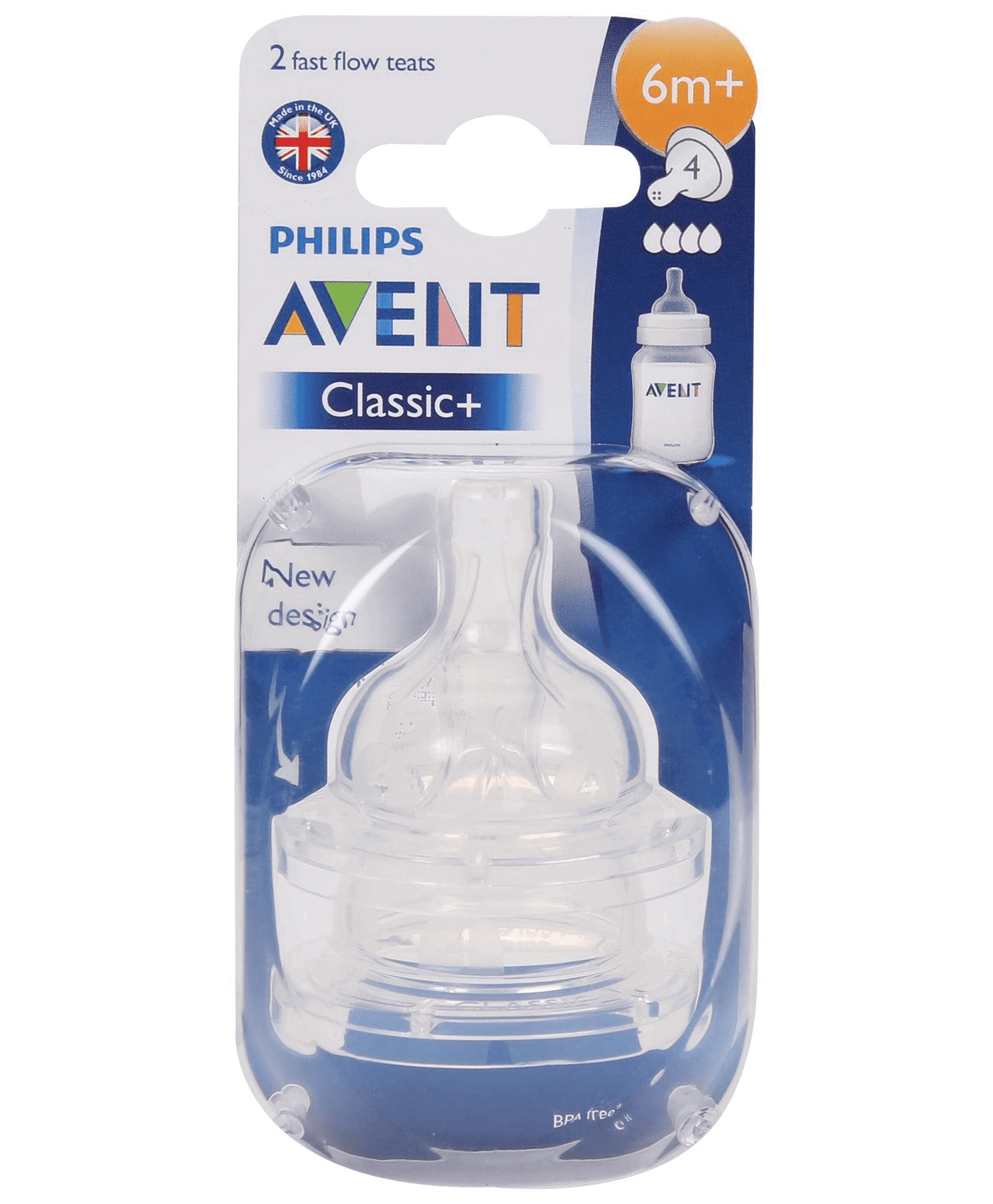 Avent Classic, antykolkowy smoczek na butelkę o szybkim przepływie 6m+ SCF634/27, 2 sztuki 