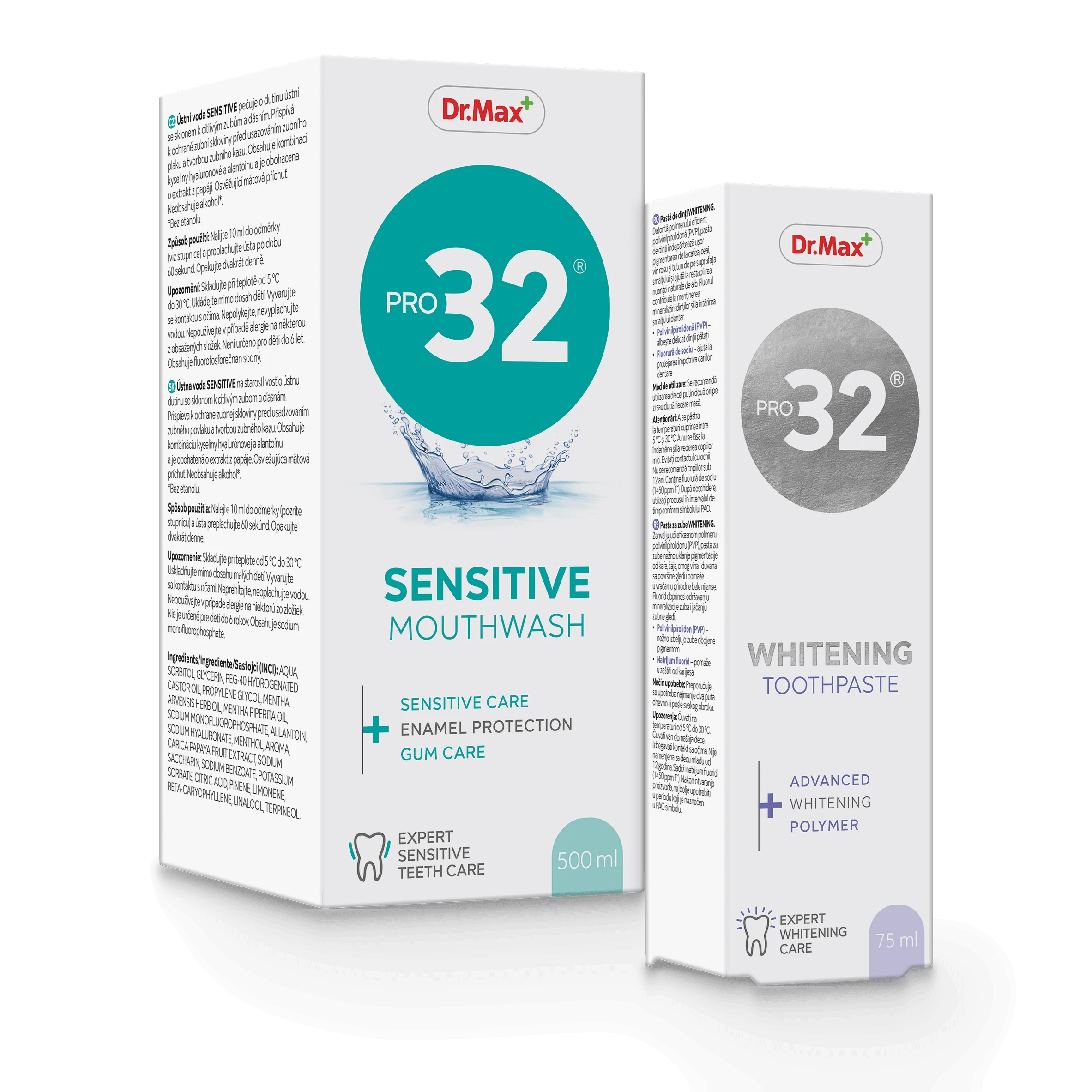 Komplet troski o zdrowy uśmiech PRO32 Sensitive Moutwash Dr. Max płyn do płukania jamy ustnej  500 ml + PRO32 Whitening Toothpaste pasta do zębów 75 ml