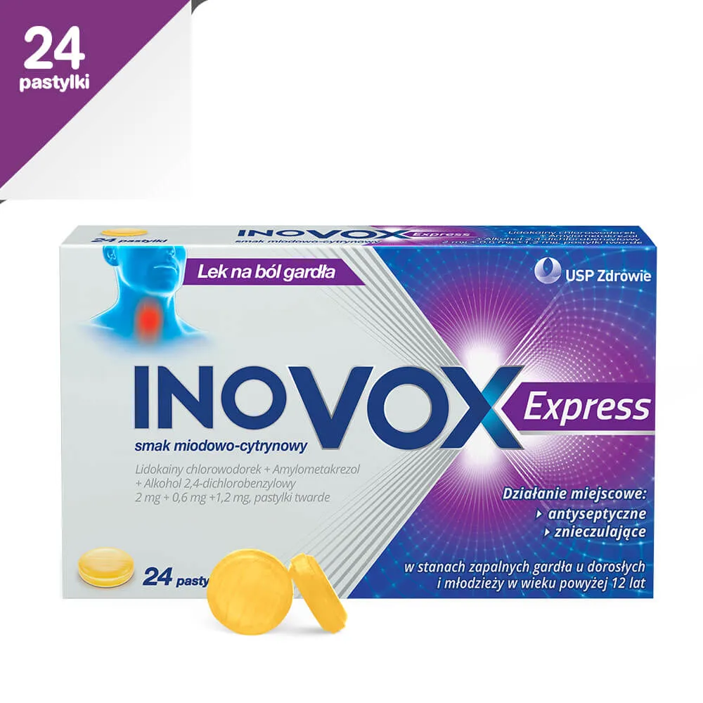 Inovox Express - 24 pastylki miejscowo łagodzace ból gardła, smak miodowo-cytrynowy