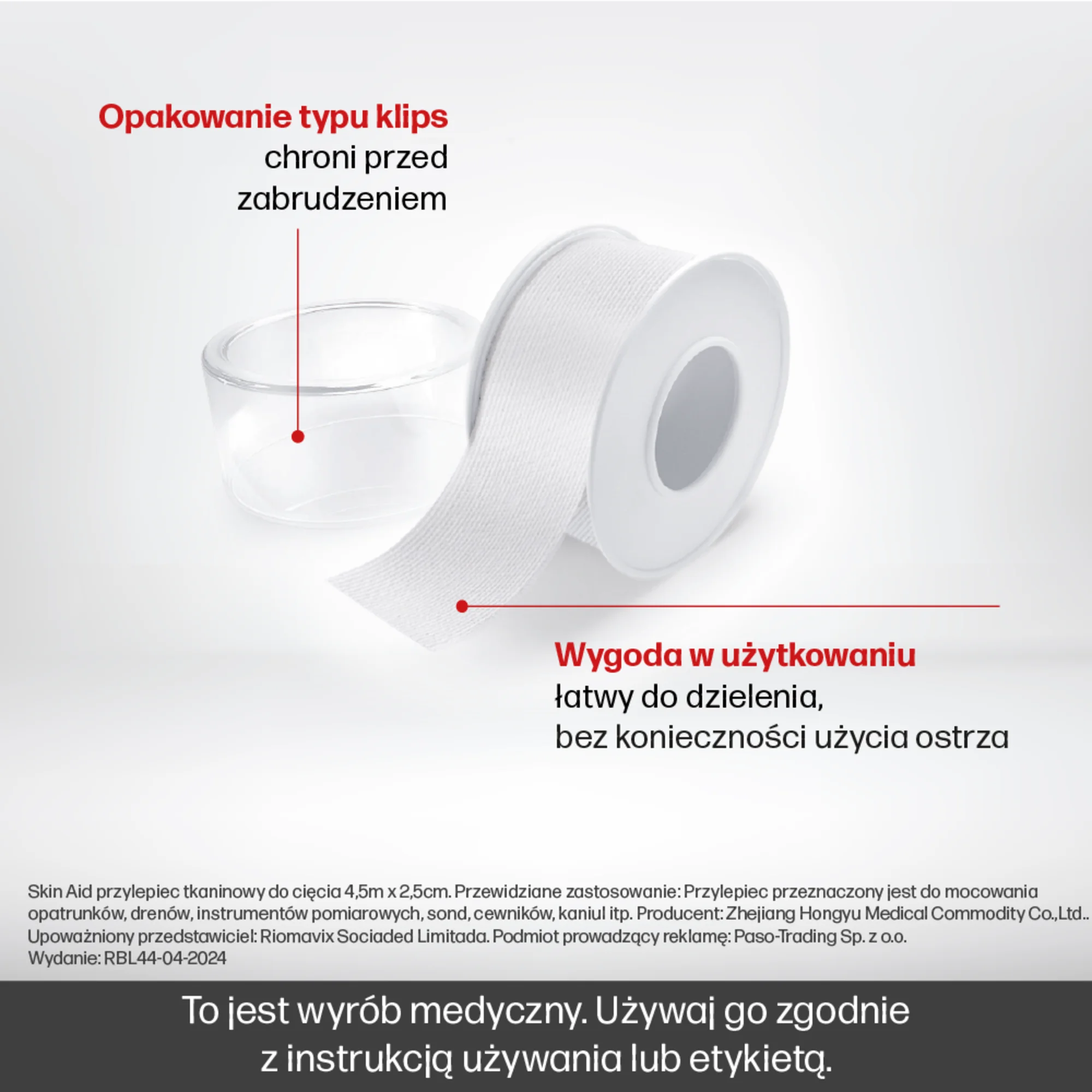 Skin Aid Przylepiec tkaninowy 4,5 m x 2,5 cm, 1 sztuka