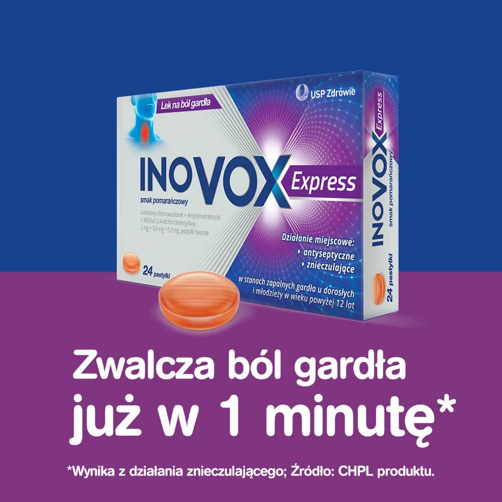 Inovox Express smak pomarańczowy, 2 mg + 0,6 mg + 1,2 mg, 24 pastylki twarde 