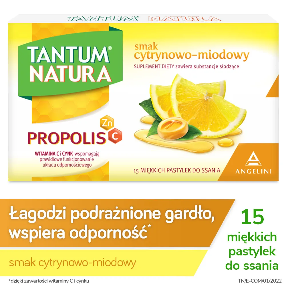 Tantum Natura, suplement diety, smak cytrynowo-miodowy, 15 pastylek do ssania