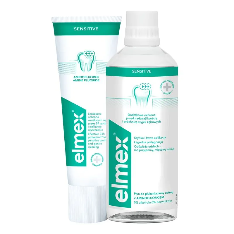 elmex Sensitive zestaw płyn do płukania jamy ustnej, 400 ml + pasta do zębów 75 ml gratis