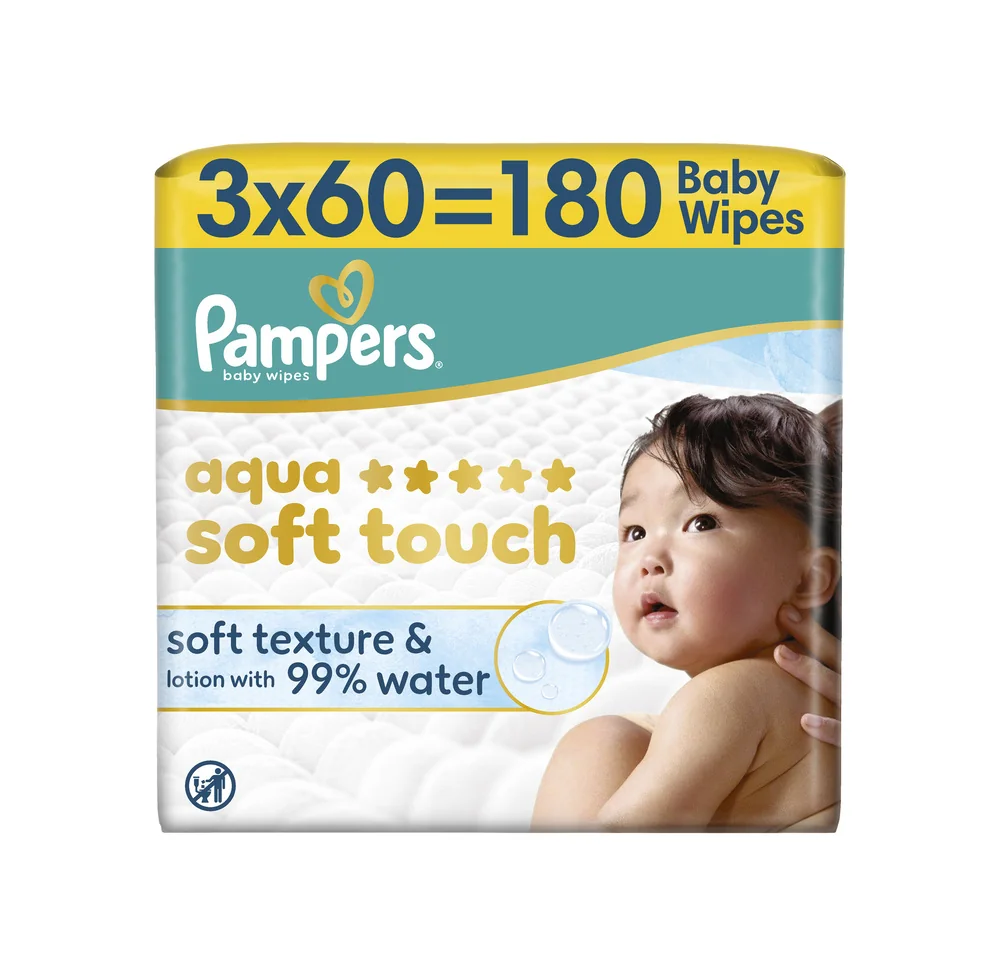 Pampers Aqua Soft Touch chusteczki nawilżane dla dzieci, 3 x 60 sztuk