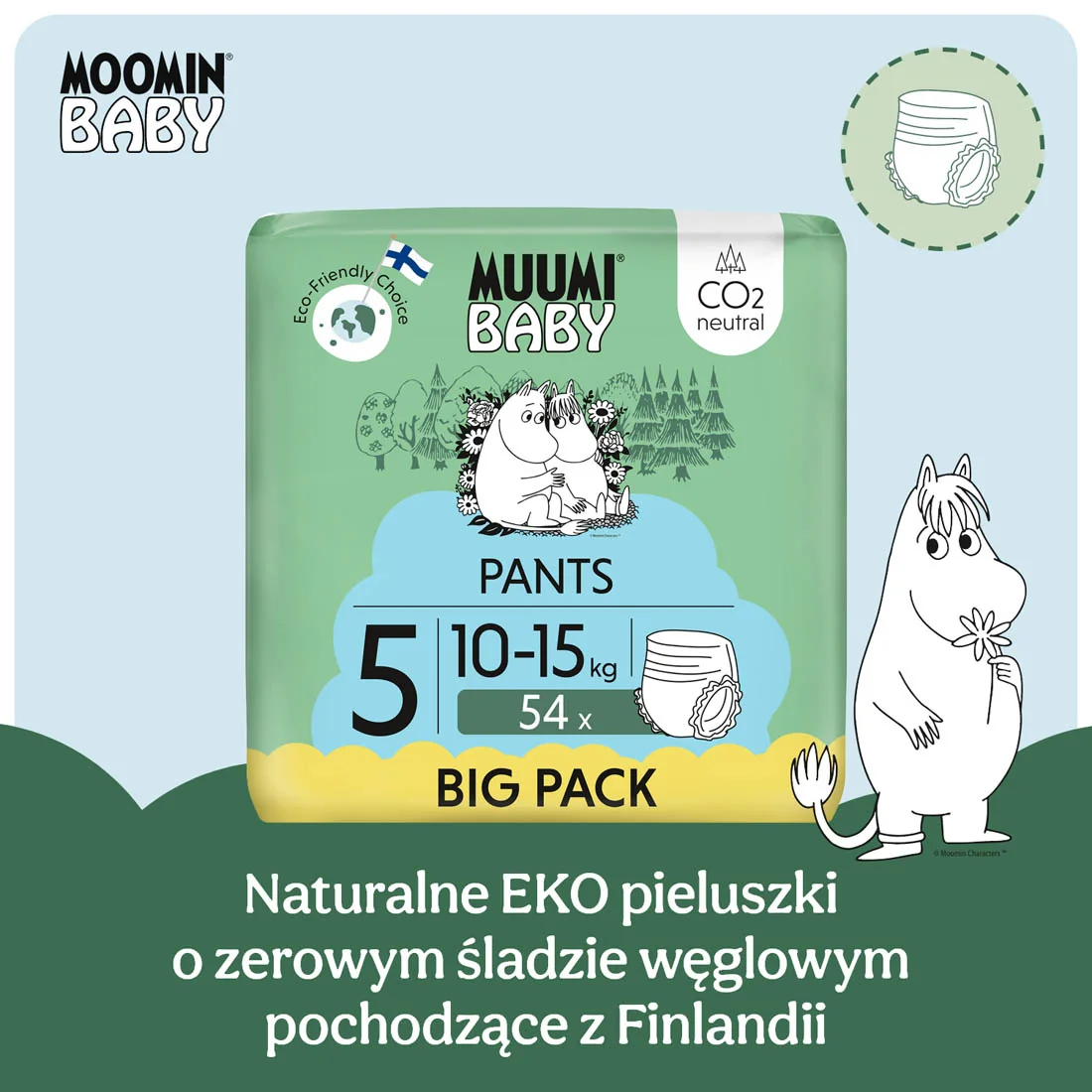 Muumi Baby Walkers 5 pieluchomajtki ekologiczne 10-15 kg, 54 szt.