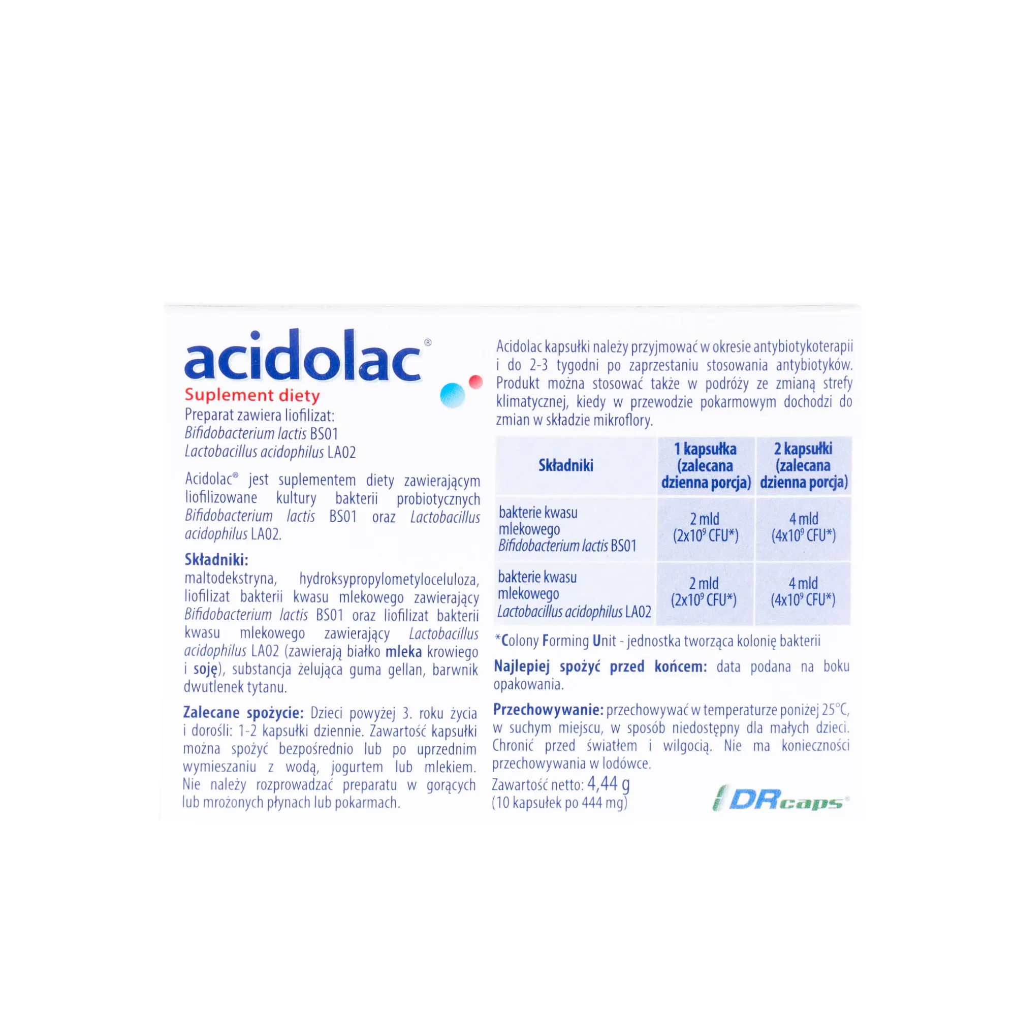Acidolac - 10 kaps. zawierający po 444 mg liofilizowanych kultur bakterii 