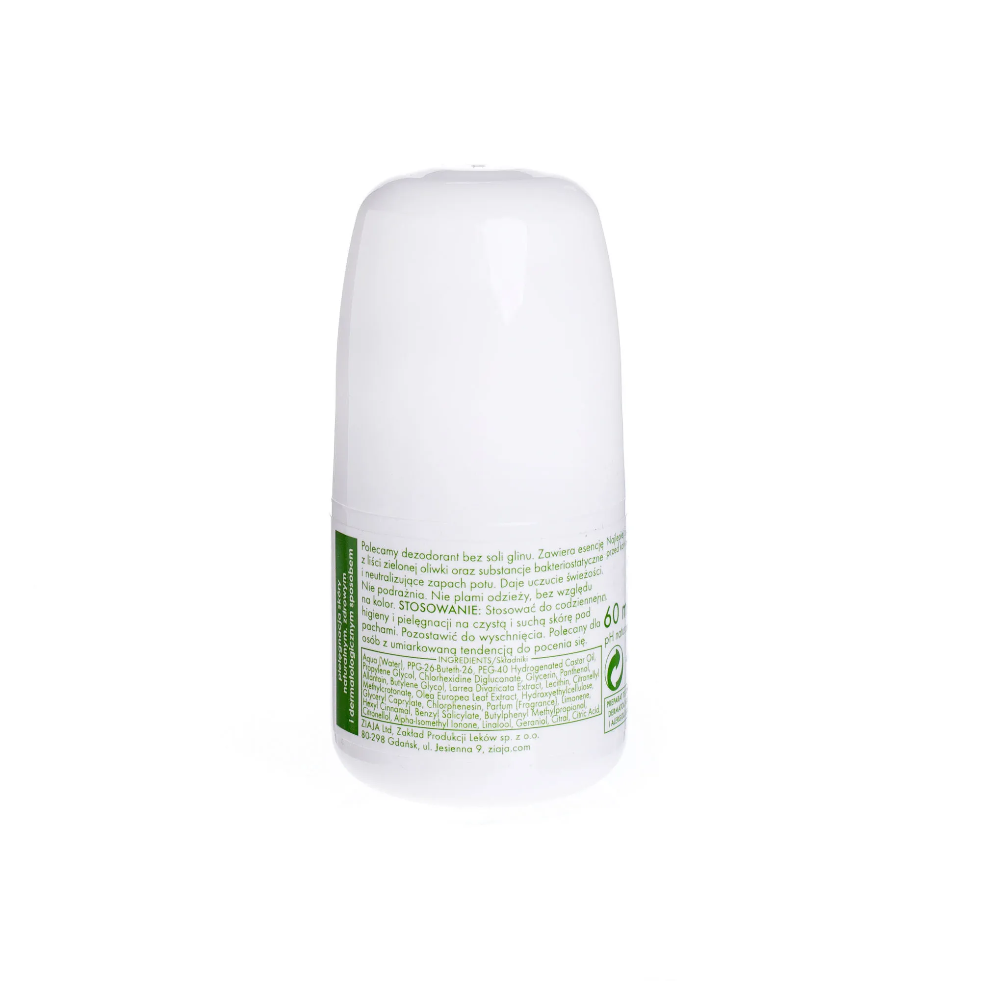 Ziaja Liście Zielonej Oliwki, dezodorant bez soli glinu, 60 ml 