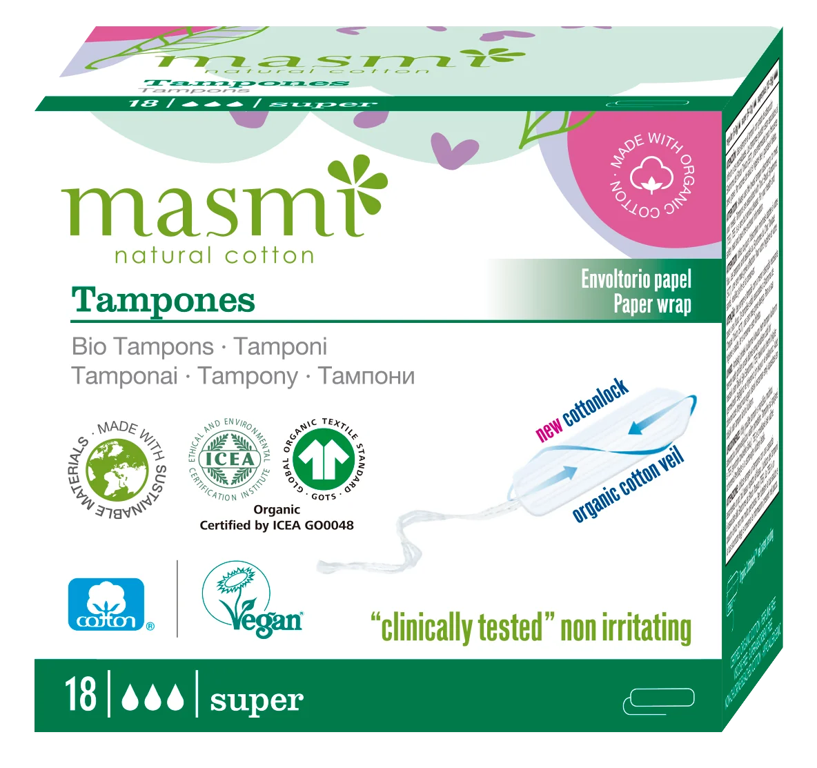 Masmi tampony z bawełny organicznej bez aplikatora Super, 18 szt.