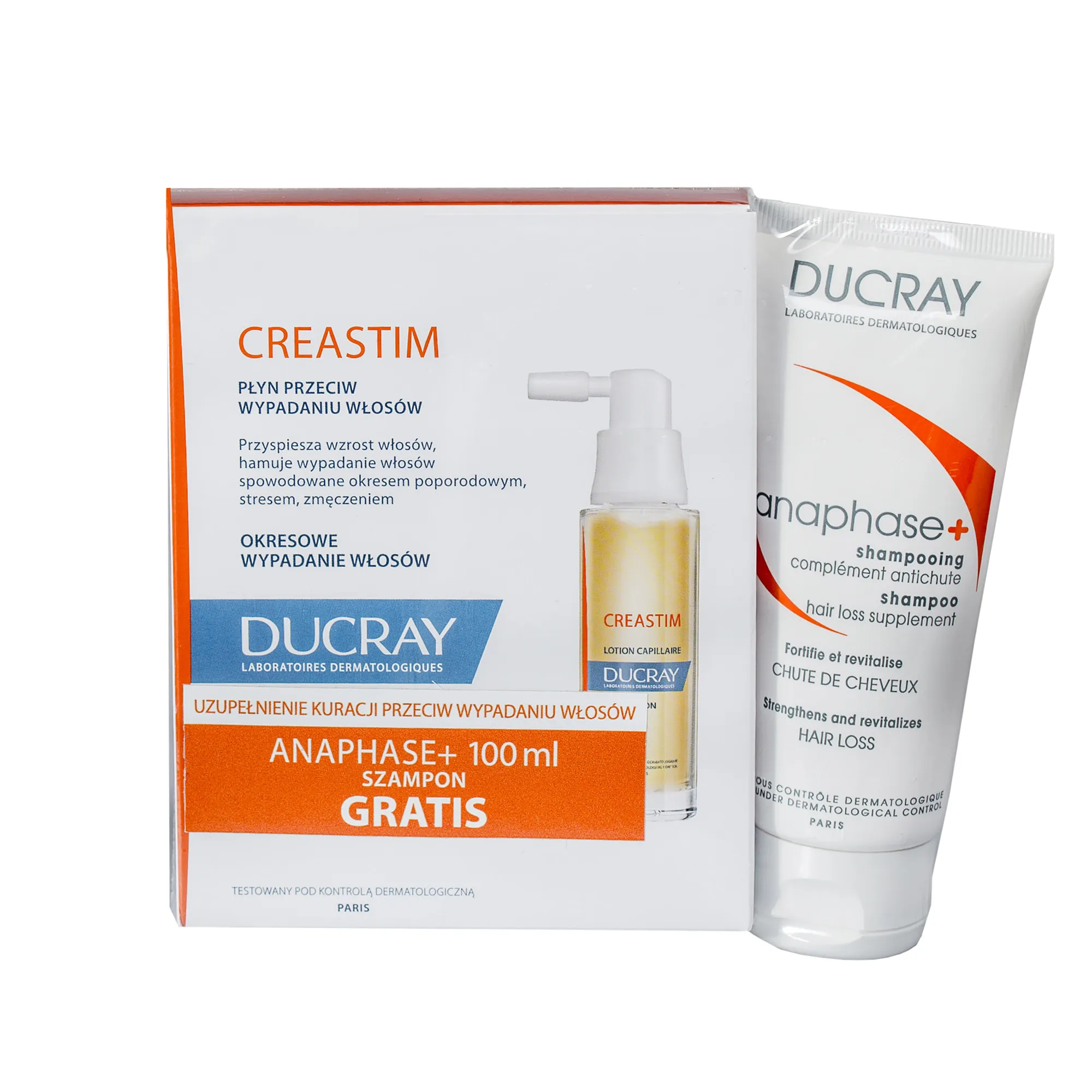 Ducray zestaw Creastim, płyn przeciw wypadaniu włosów, 2x30 ml + Anaphase+, szampon uzupełniający kurację przeciw wypadaniu włosów, 100 ml