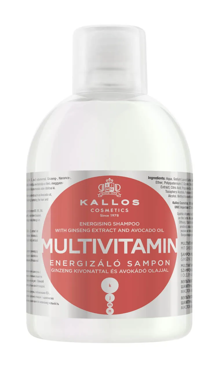 Kallos, szampon do włosów, multivitamina z ekstraktem żeń-szenia i olejem avokado, 1000 ml