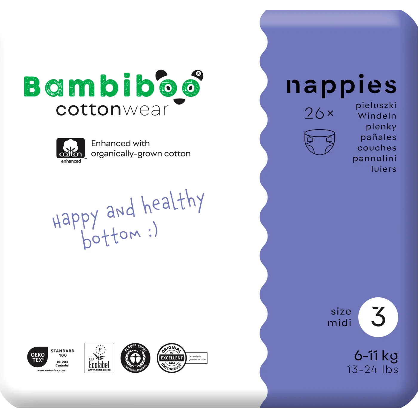 Bambiboo COTTONWEAR jednorazowe pieluszki z bawełną organiczną rozmiar 3, 26 szt.