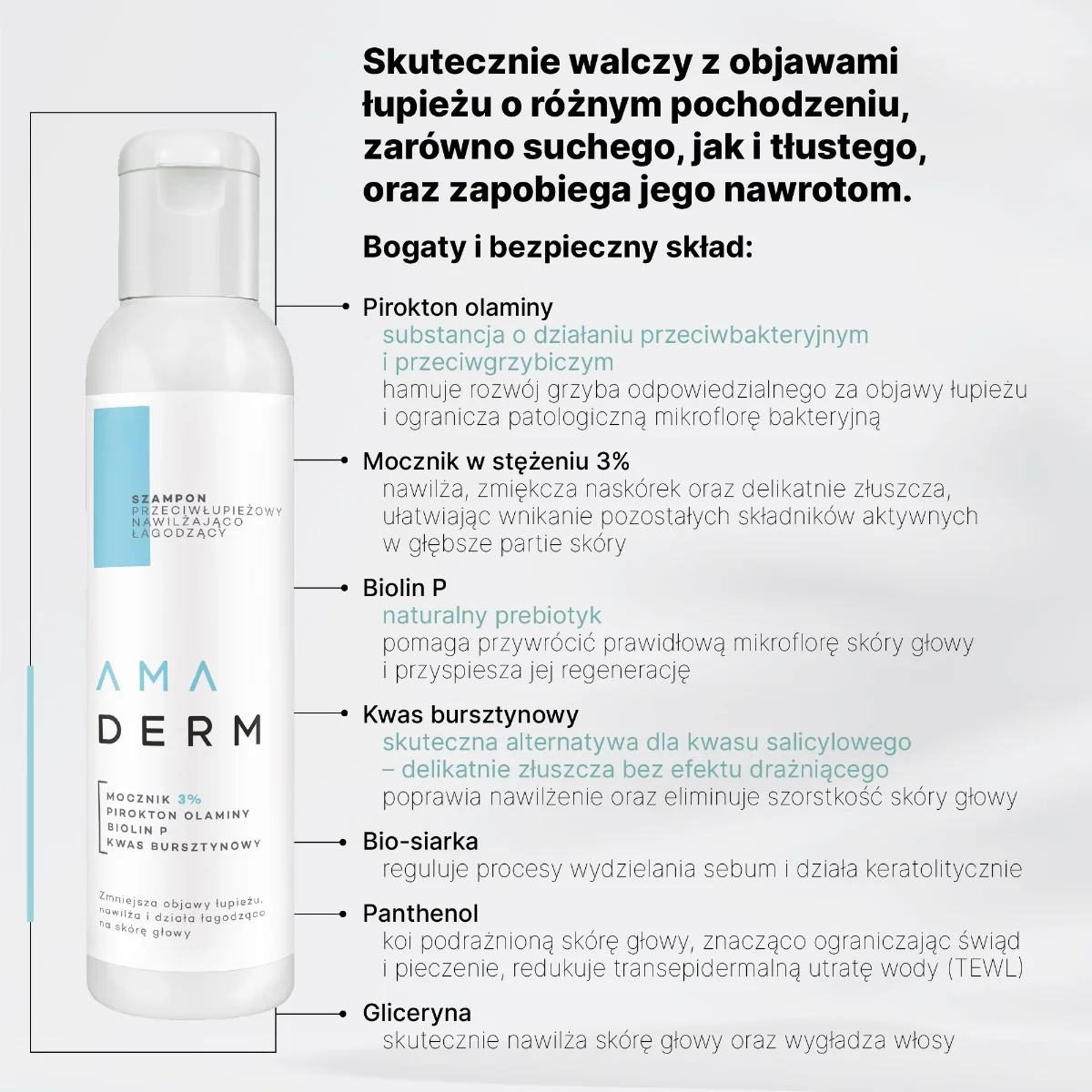 Amaderm szampon przeciwłupieżowy nawilżająco-łagodzący, 150 ml