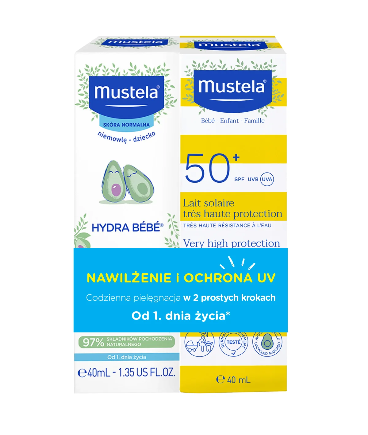 Mustela Zestaw Nawilżenie i Ochrona UV mleczko przeciwsłoneczne, 40ml + Hydra Bebe krem do twarzy, 40 ml