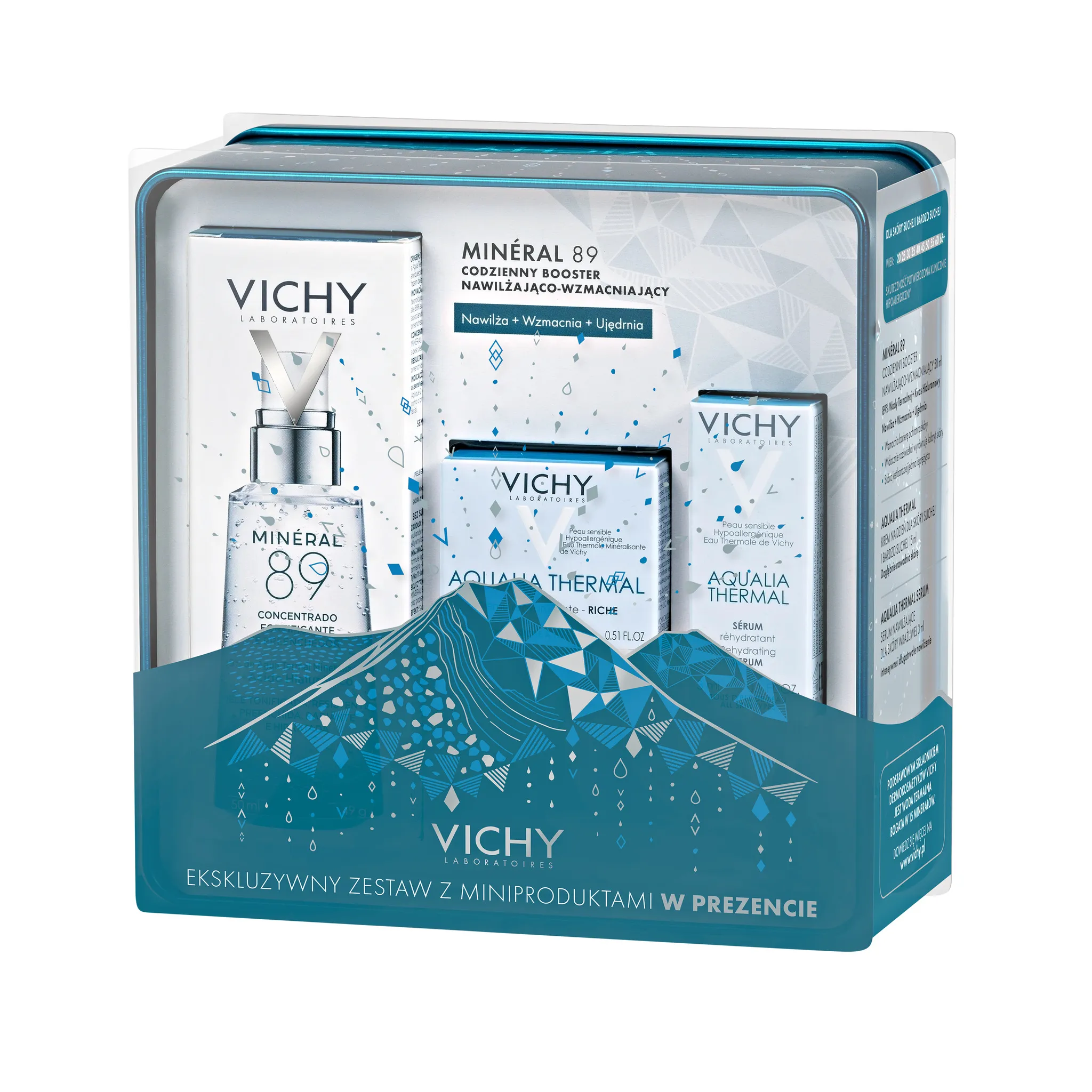 Vichy zestaw Booster Mineral 89, booster wzmacniająco-nawilżający, 50 ml + bogaty krem nawilżający na dzień Aqualia Termal, 15 ml  + serum nawilżające Aqualia Termal, 3 ml