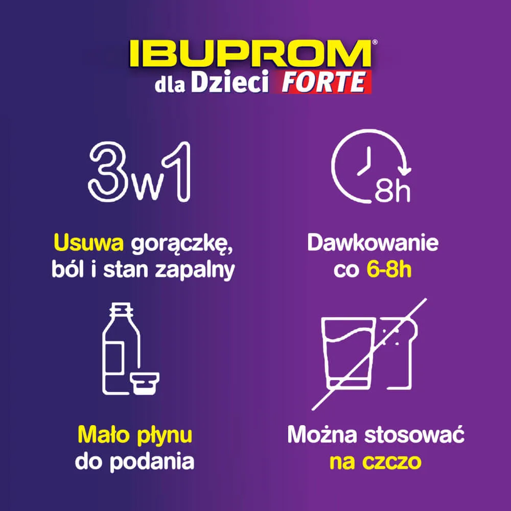 Ibuprom dla Dzieci Forte, 0,2 g/5 ml, zawiesina doustna, smak truskawkowy, 100 ml 