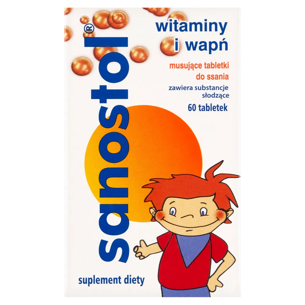 Sanostol - suplement diety bogaty w witaminy i wapń, 60 musujących tabletek do ssania