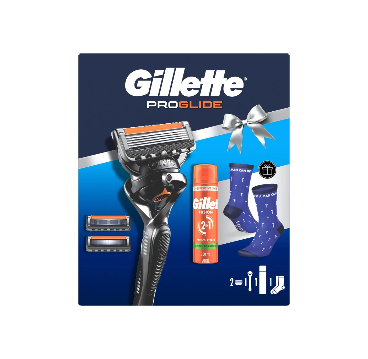 Gillette ProGlide Zestaw męska maszynka do golenia z 5 ostrzami + 2 wkłady wymienne + żel do golenia, 200 ml + skarpetki