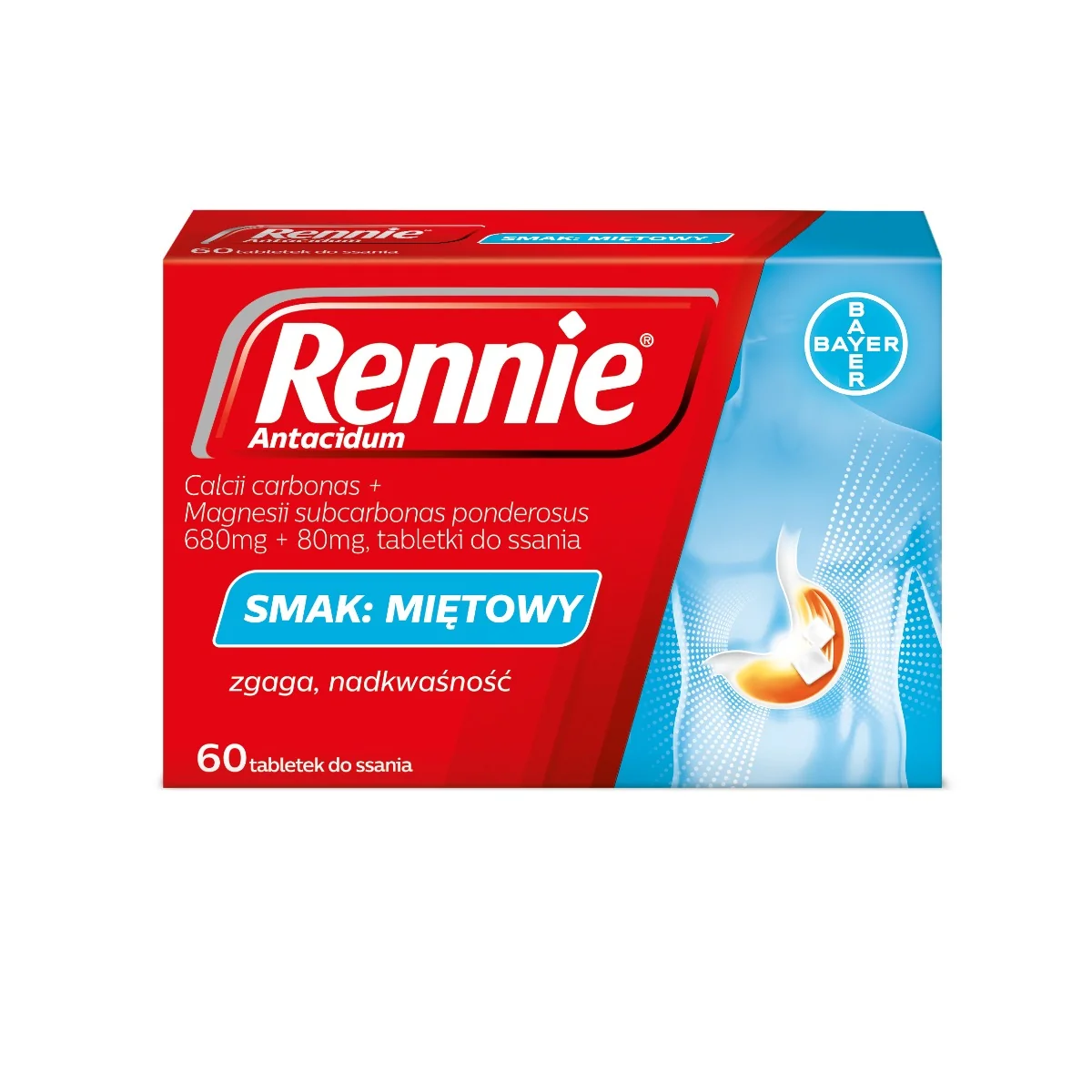 Rennie Antacidum 680 mg + 80 mg, smak miętowy, 60 tabletek do ssania