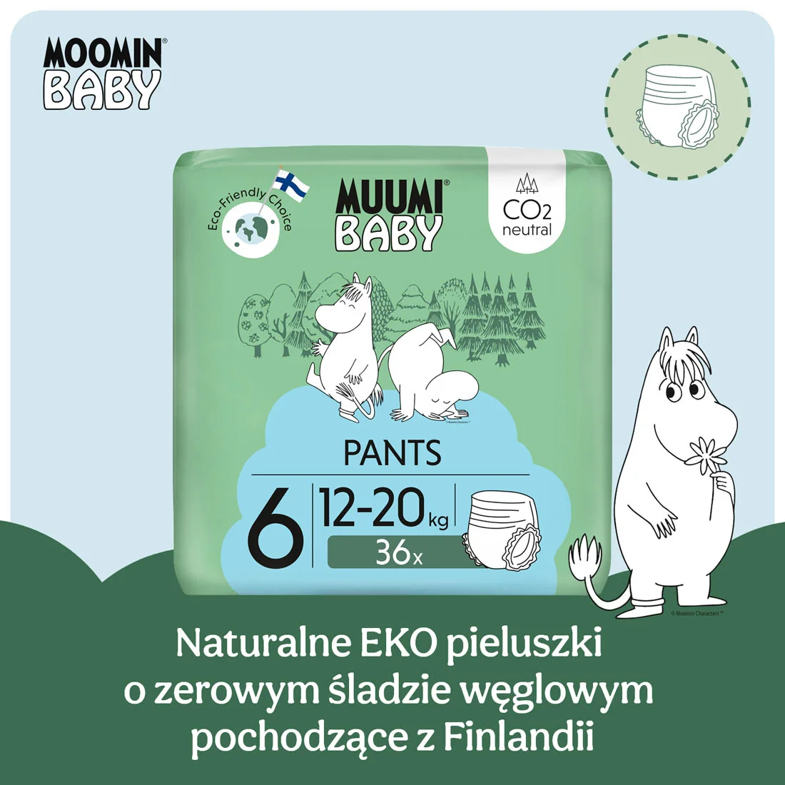 Muumi Baby Walkers 6 pieluchomajtki ekologiczne, 12-20 kg, 36 szt.