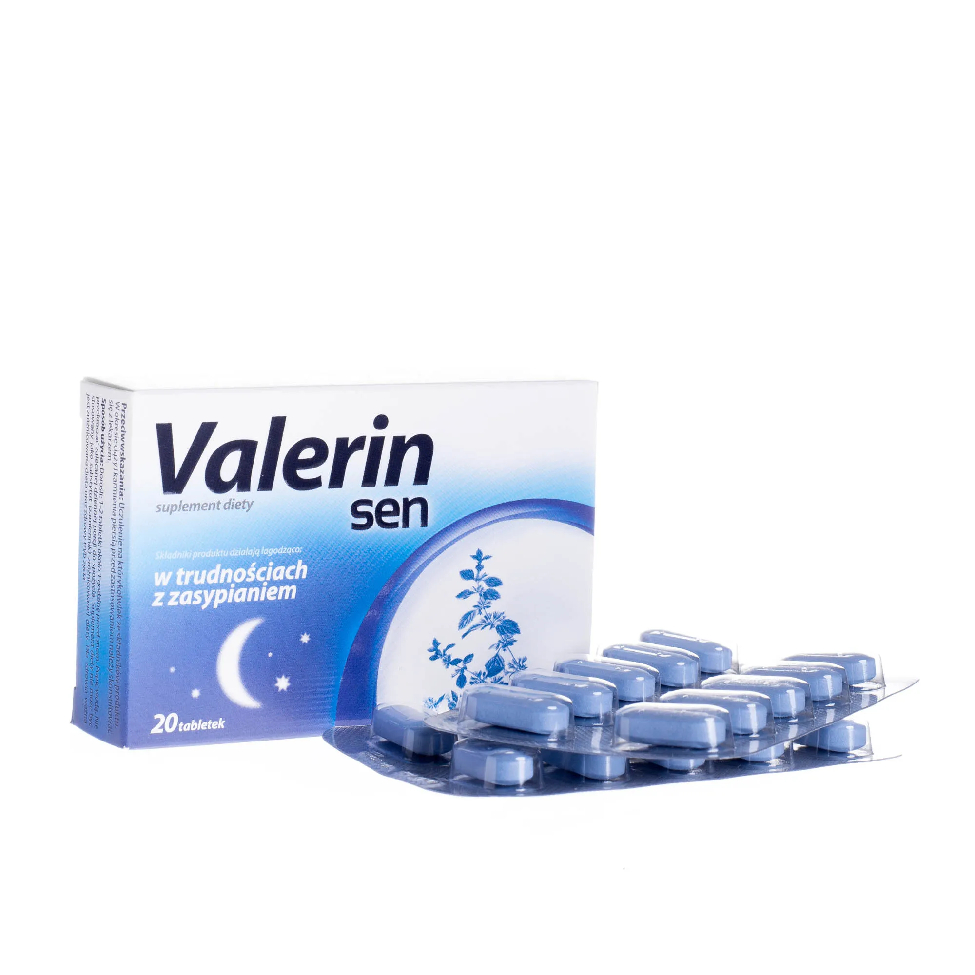 Valerin Sen, suplement diety stosowany w trudnościach z zasypianiem, 20 tabletek