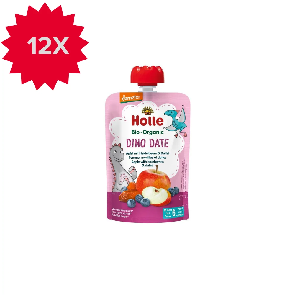 Holle BIO Demeter mus owocowy z jabłkiem jagodami i daktylami Jagodowy Dinozaur, 12 x 100 g