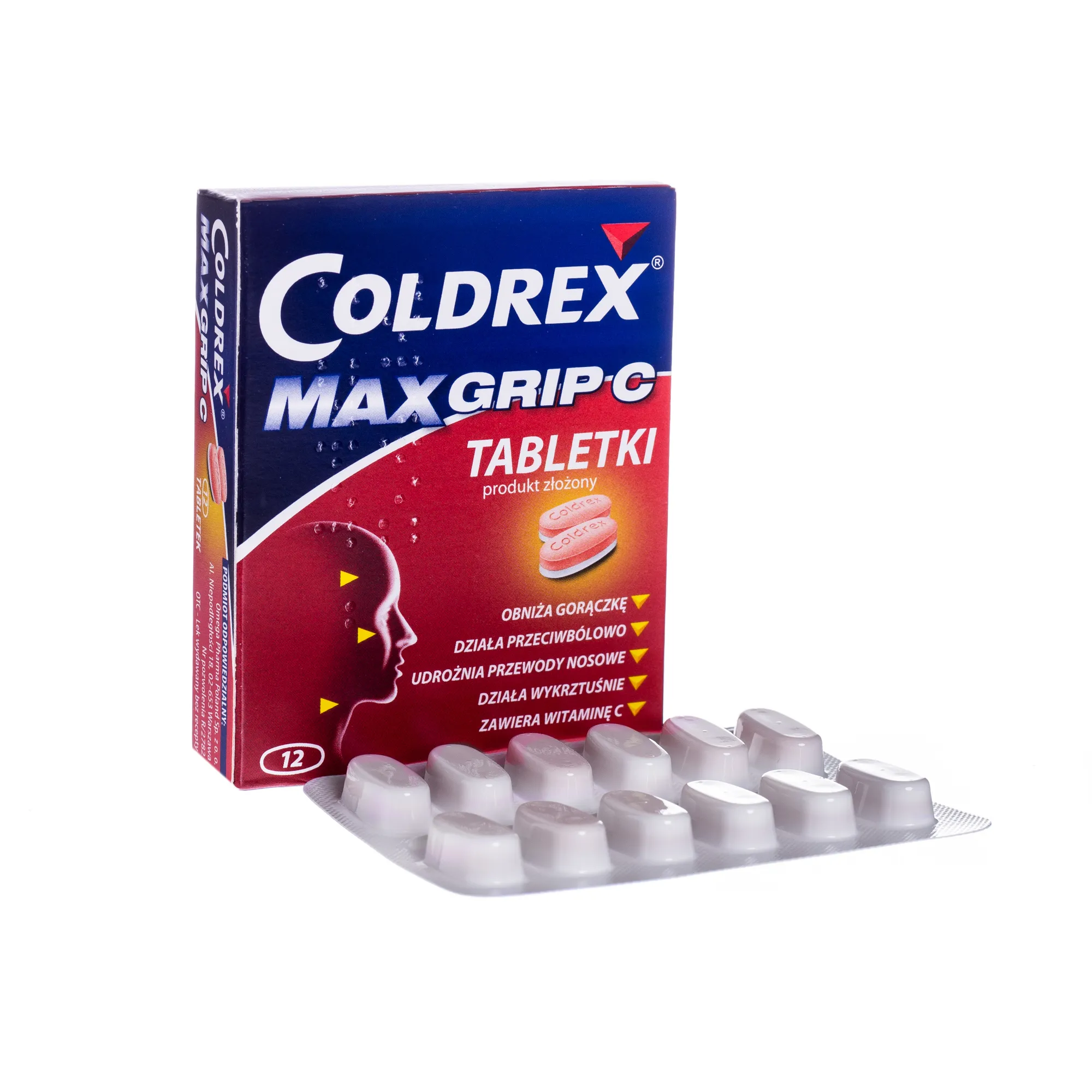 Coldrex Max Grip C, wieloskładnikowy lek przeciw objawom grypy i przeziębienia, 12 sztuk 