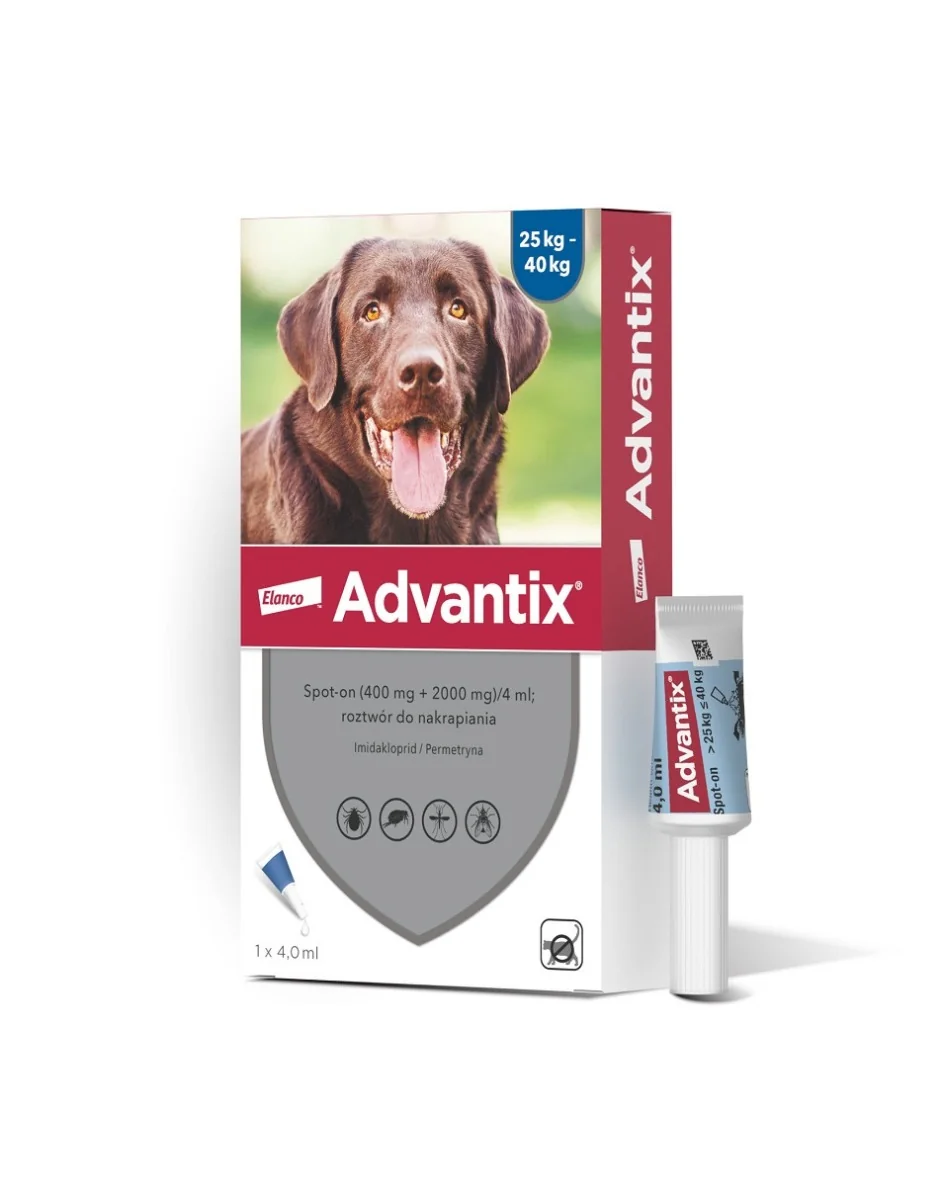 Advantix Spot-on Na Kleszcze i Pchły (400 mg + 2000 mg)/4 ml, roztwór do nakrapiania dla psów 25 - 40 kg, 1 x 4 ml