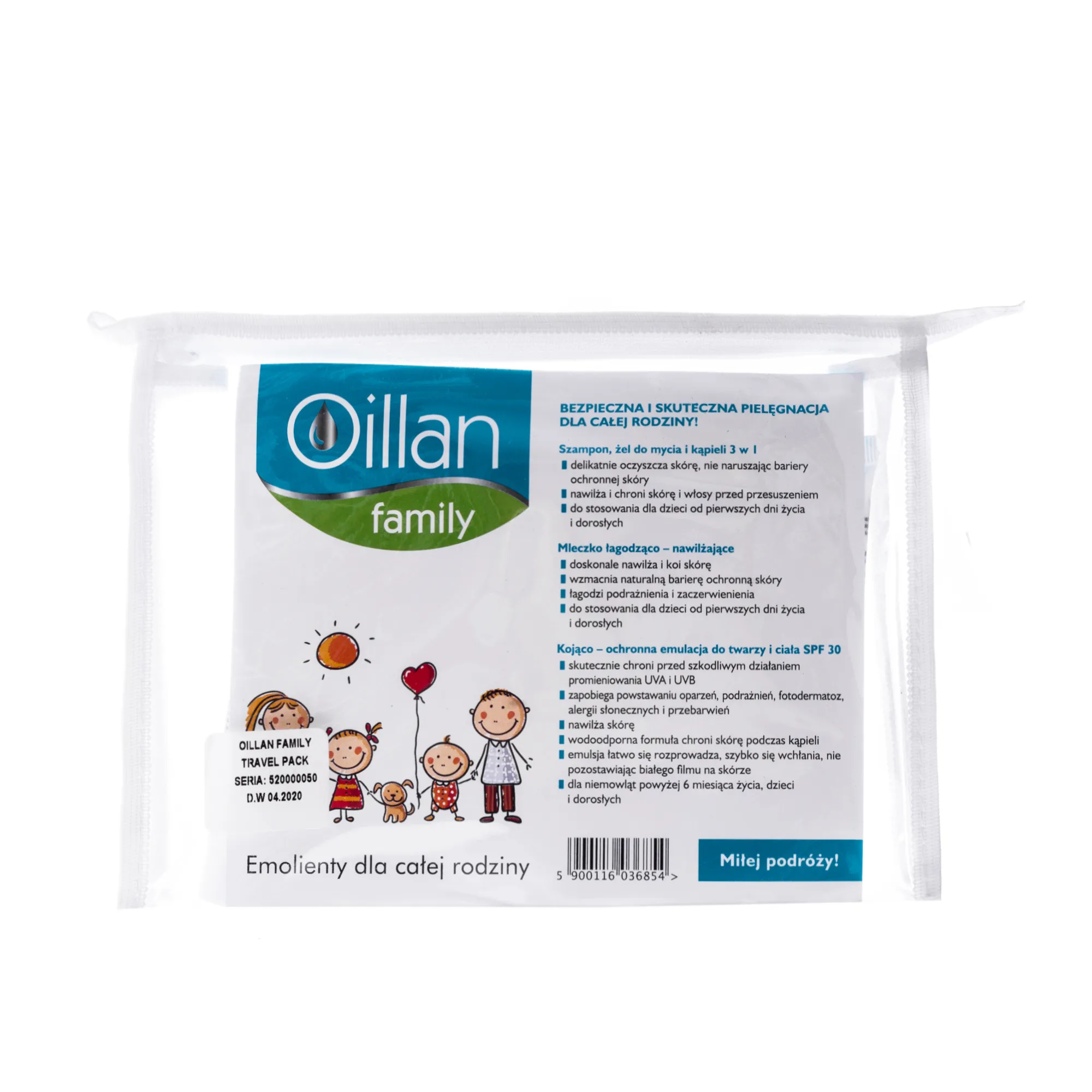 Oillan Family Travel Pack, szampon, 40 ml + mleczko, 40 ml + kojąco-ochronna emulsja do twarzy i ciała SPF 30, 40 ml 